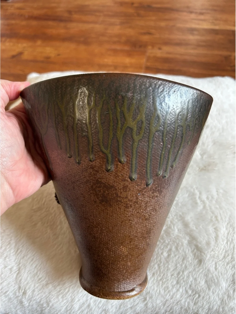 Vintage Brown Ceramic Vase with Green Drip Glaze and Decorative Handles